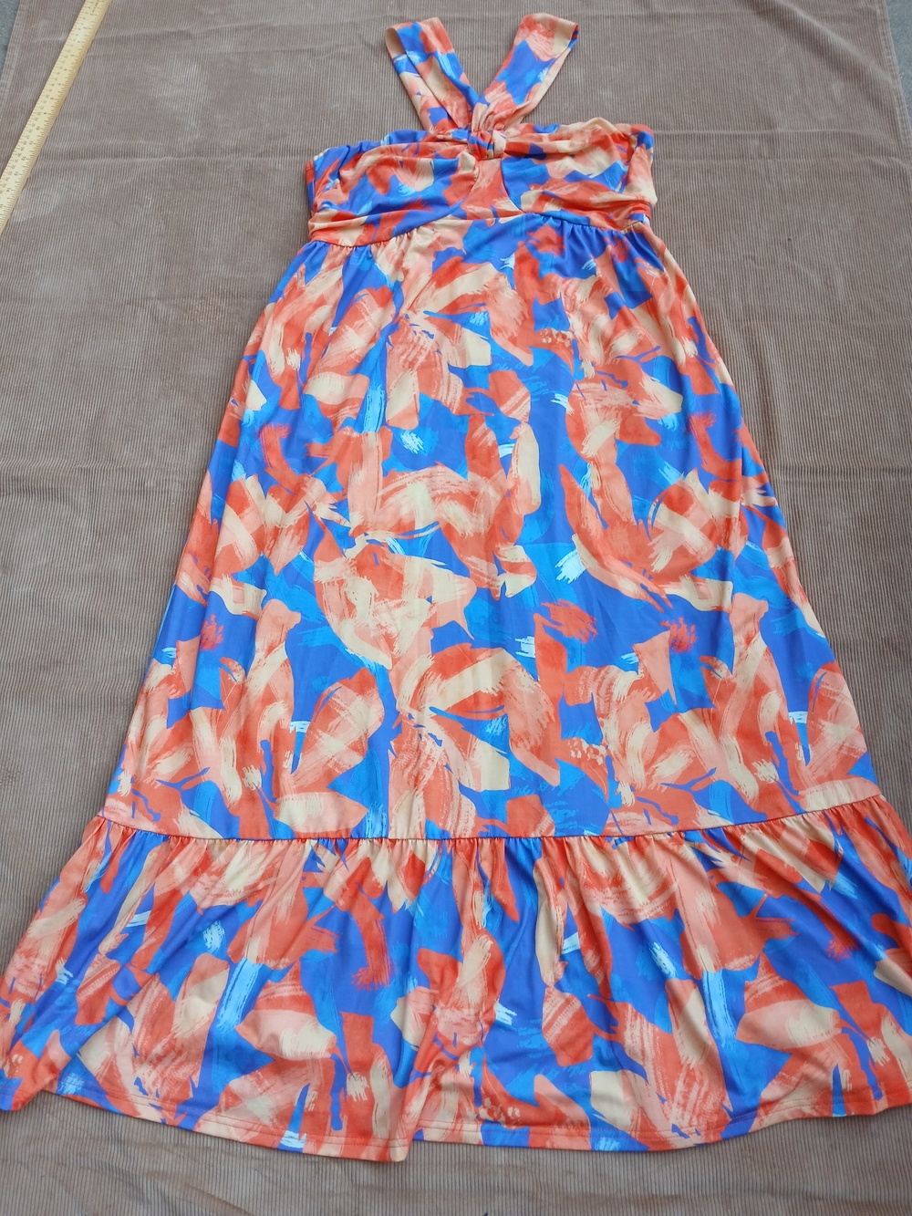 GRACE KARIN Criss Cross Halter Floral Maxi Dress Orange Blue Size L with Pockets - Picture 8 of 14